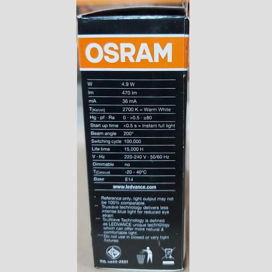 Osram E14 LED Bulb Classic B40 Value 4.9W Warm White 2700K Frosted- Pack of 10 - Deluxe Electricals