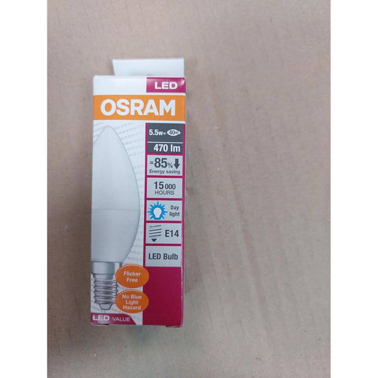 Osram Led Bulb E14 Candle Lamp 5.5W Day Light 6500K Frosted Long Life Upto 15000 Hours, White - Deluxe Electricals