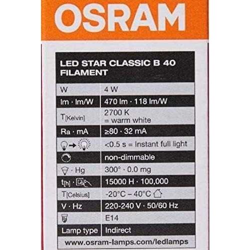 Osram LED Bulb E14 Filament Warm White 2700K 4W Classic B 40 Clear Light Non Dimmable Pack Of 10 - Deluxe Electricals