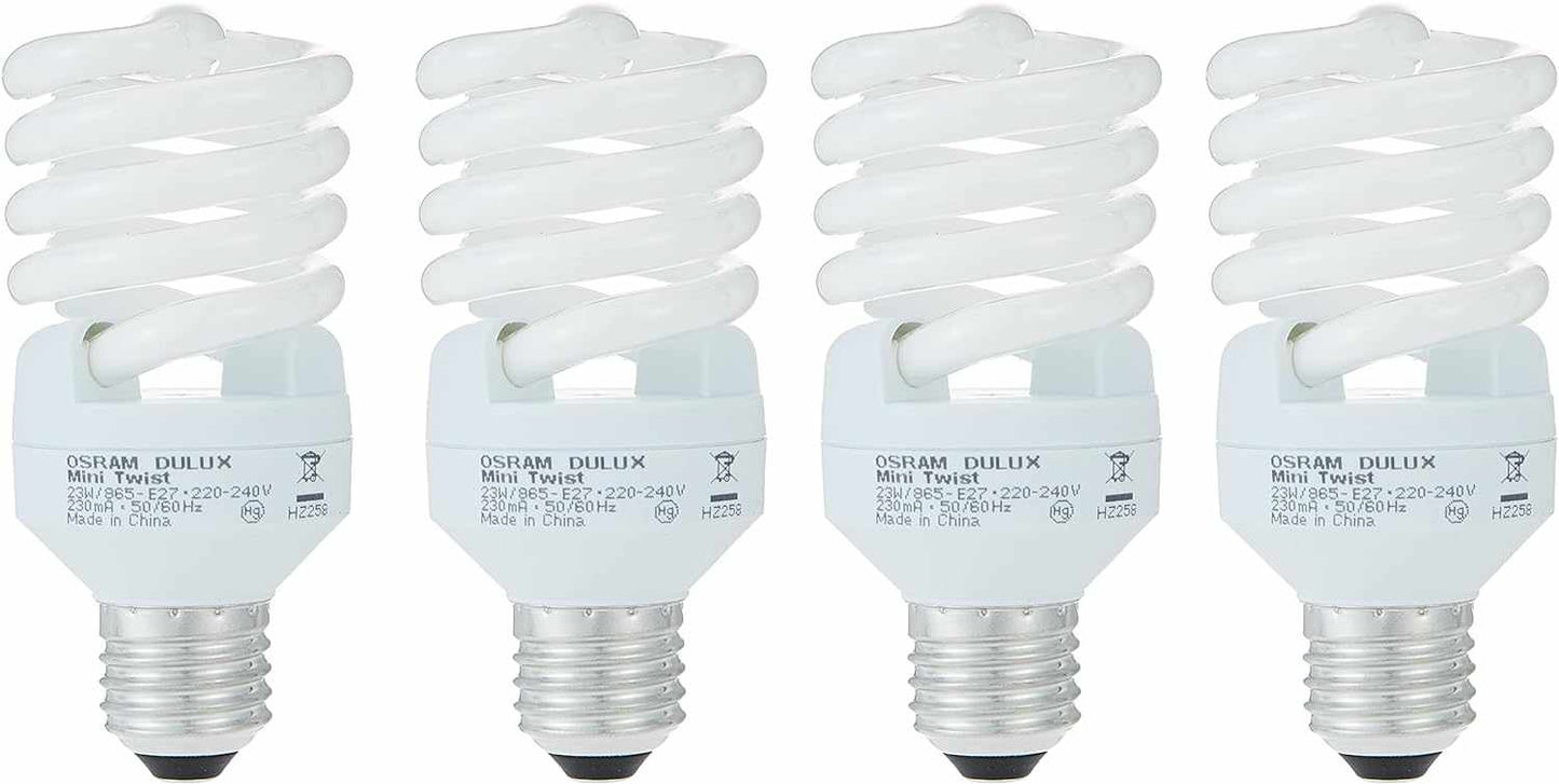 OSRAM Duluxstar Mini Twist Compact Fluorescent Integrated, Spiral Shape (23w) Screw, Base- E27, 1600 lm - Day Light 6500K /Energy Class A (Pack of 4) - Deluxe Electricals
