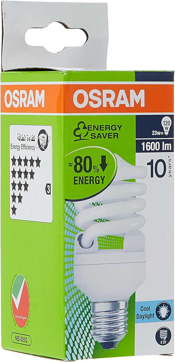 OSRAM Duluxstar Mini Twist Compact Fluorescent Integrated, Spiral Shape (23w) Screw, Base- E27, 1600 lm - Day Light 6500K /Energy Class A (Pack of 4) - Deluxe Electricals