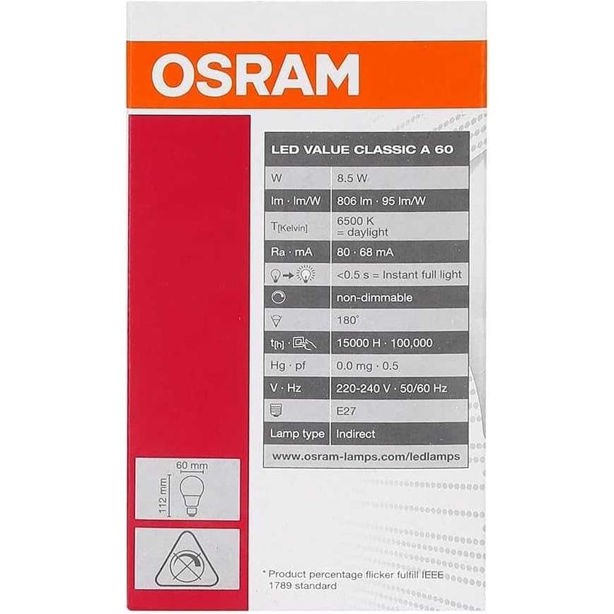 Osram Led Bulb E27 Value Lamp Clas A 8.5 W/6500K Cool White (Combo Pack Of 10) - Deluxe Electricals