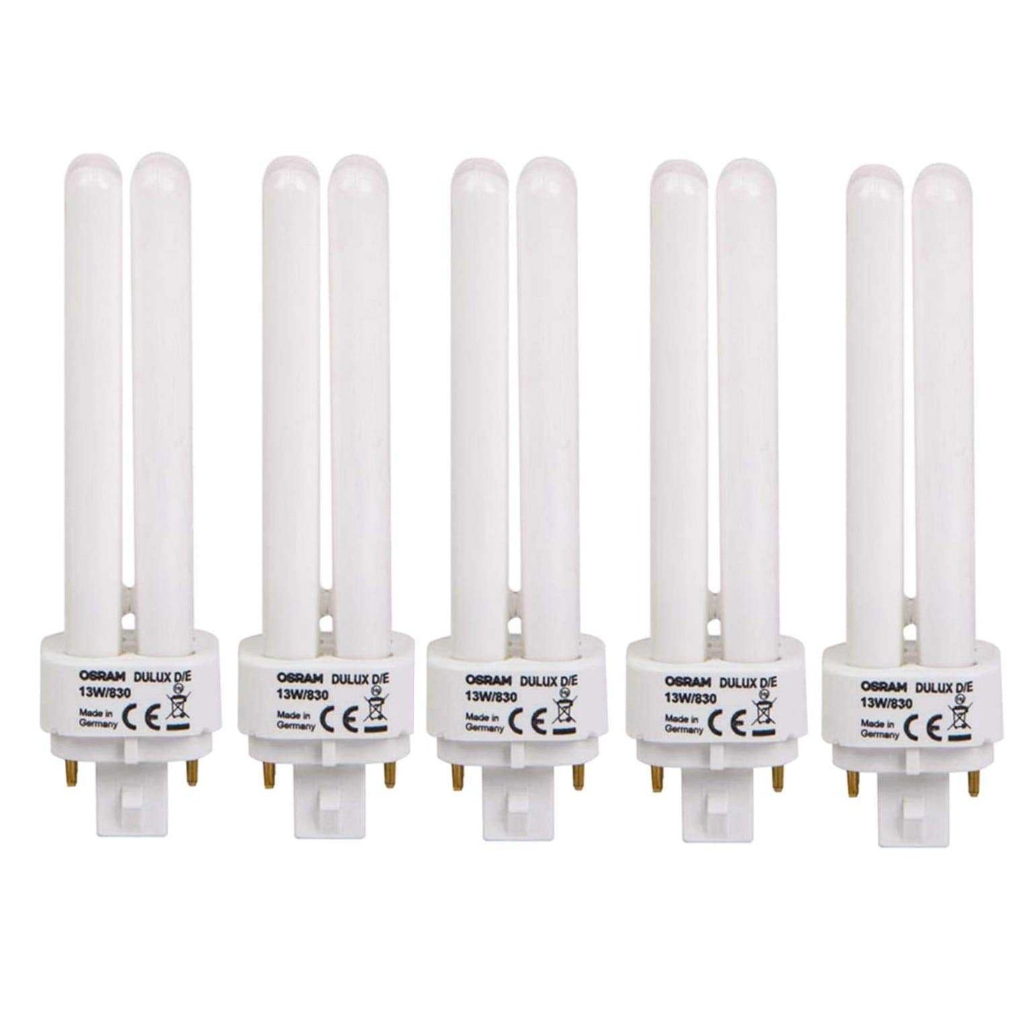 Osram PL Lamp Dulux D/E 13W 4Pin G24Q-1, 1800 Lm 3000K (Pack of 5) - Warm White - Deluxe Electricals