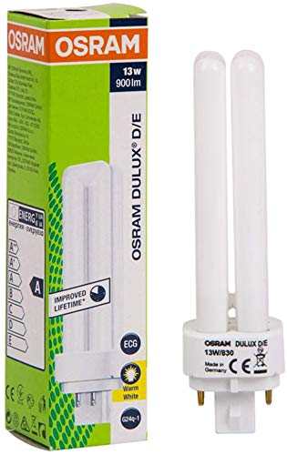 Osram PL Lamp Dulux D/E 13W 4Pin G24Q-1, 1800 Lm 3000K (Pack of 5) - Warm White - Deluxe Electricals
