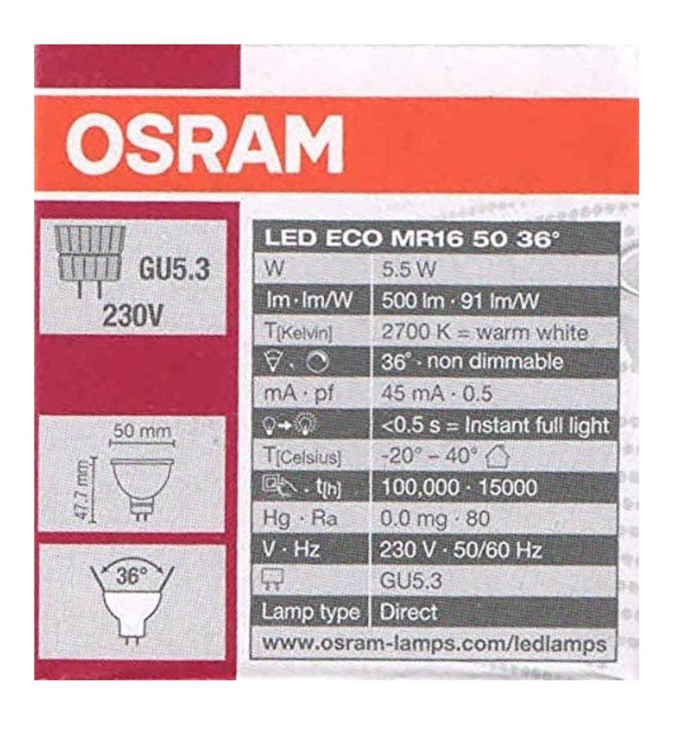 Osram LED Value MR16 50/36 5.5W/240V Light, 500lm, Warm White - Deluxe Electricals