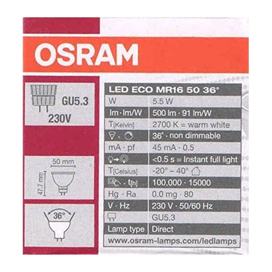 Osram LED Value MR16 50/36 5.5W/240V Light, 500lm, Warm White - Deluxe Electricals