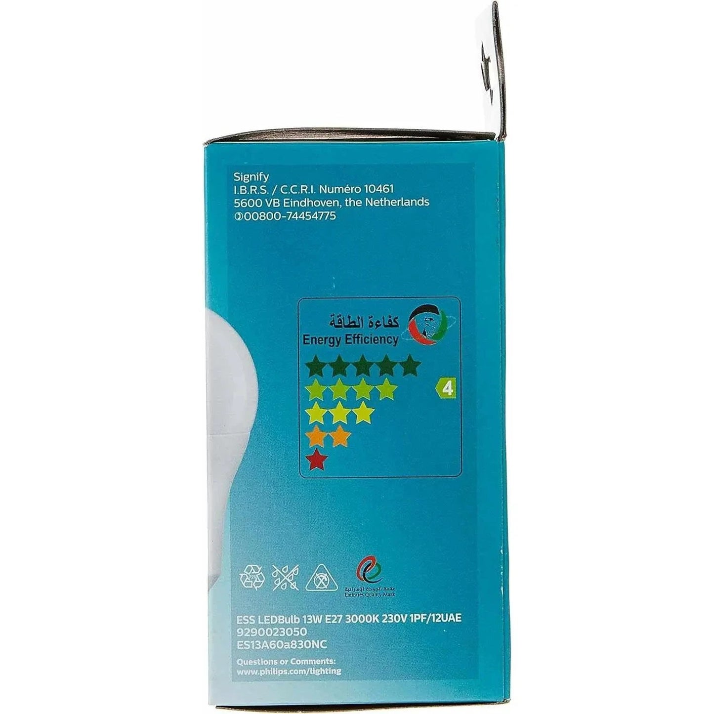 Philips Essential LED Bulb 13W E27 packaging box in blue with energy efficiency star rating