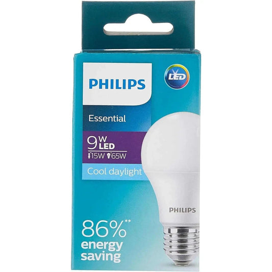 Philips Essential LED Bulb 9W E27, cool daylight, packaged in blue Philips box showing the bulb