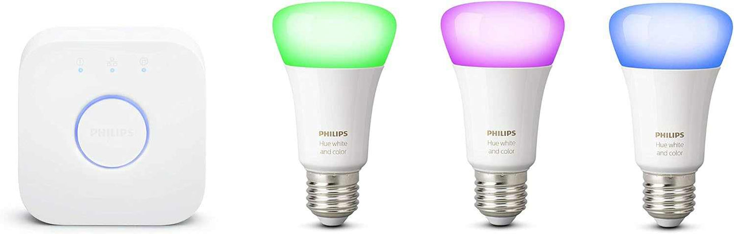 Philips Hue UAE White & Colour Ambiance LED Smart Bulb - Starter Kit (3 bulbs & Bridge) , Bluetooth & Zigbee compatible , Works with Apple Homekit, Siri, Alexa, Google Assistant and Many More - Deluxe Electricals