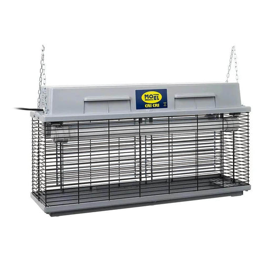 Mo-El Cri Cri 307 insect killer, heavy-duty 40W UV-A bug zapper, front view with wire-mesh cage and mounting chains UAE