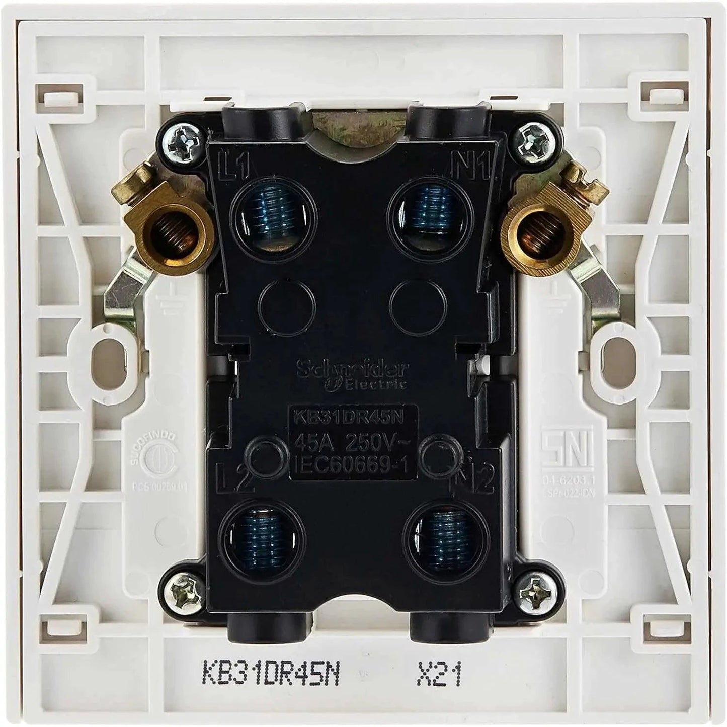 Schneider Electric Vivace KB31DR45N 1-Gang double-pole switch, white, back view showing L1 and N1 terminals.