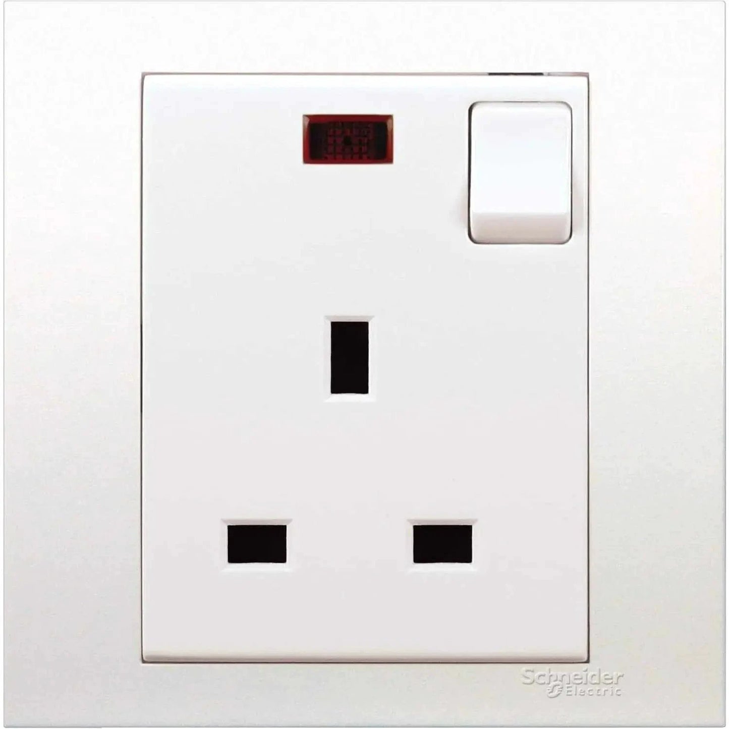 Schneider Electric Vivace KB15N 13A single switched socket with neon indicator, white, front view
