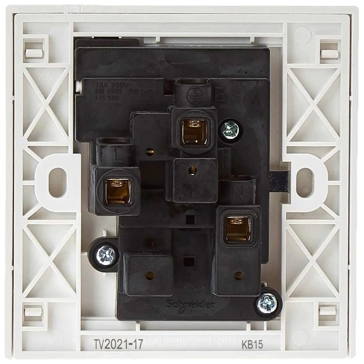 Schneider Electric Vivace 1-gang socket, white KB15, 13A 250V, back/installation view showing terminal blocks.