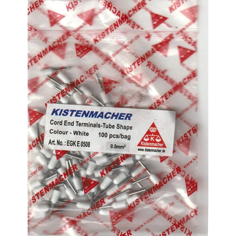 Kistenmacher insulated cord end terminals, white tube-shape, 100 pcs bag, Art. No. EGK E 0508, 0.5mm² UAE