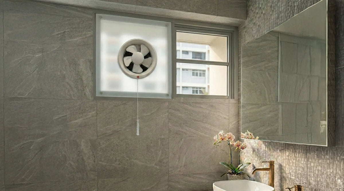 KDK 15WUD/20WUD glass-mounted exhaust fan installed in bathroom, application photo