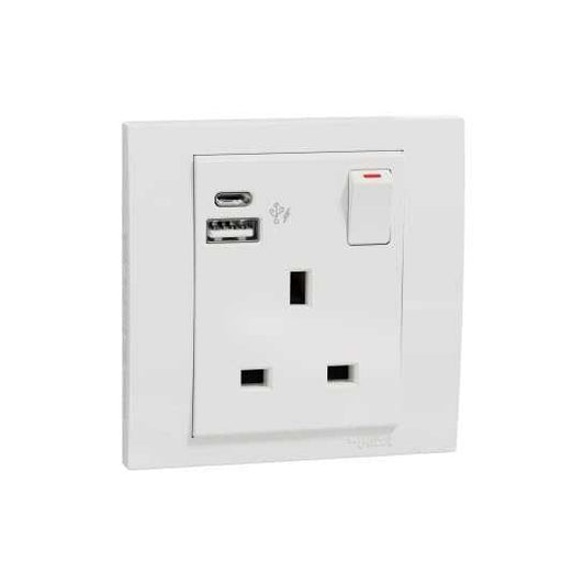 Schneider Electric Vivace, 1 Gang, Switched Socket with USB A+C, 13A, White, IP20, USB C, KB15DACUSB_WE
