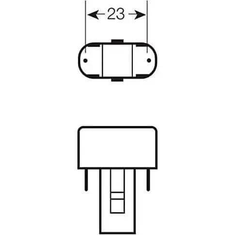 Osram 9W Dulux-S G23 2-pin compact fluorescent lamp with PL base; front and side diagram views. UAE