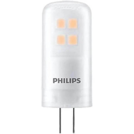 Philips CorePro LEDcapsule G4 2W 12V warm white (827), 20W equivalent capsule bulb with two-pin base, front view. UAE
