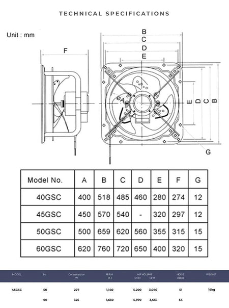 Deluxe Electricals KDK Exhaust Fan 45GSC, industrial high-pressure ventilation; front and side view with dimensions. UAE