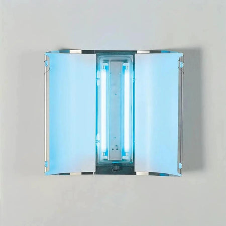 Mo-El Butterfly 700 insect killer, 40 W UV-A, front view with doors open and blue UV tubes visible. UAE
