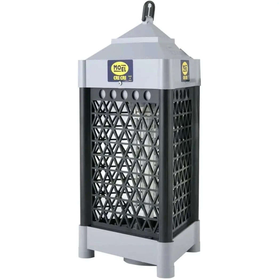 Mo-El Cri-Cri 301 insect killer, 20W UV-A bug zapper; front view shows gray top and base with black lattice cage. UAE