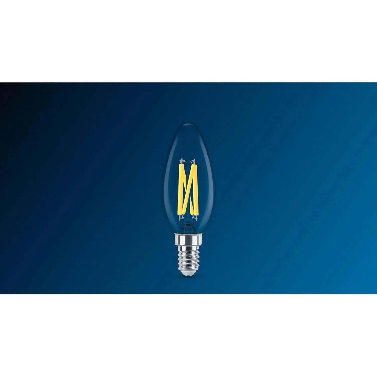 Philips MAS LEDCandle E14 bulb, 3.4W (40W eq), clear glass with warm-glow filament on blue background UAE