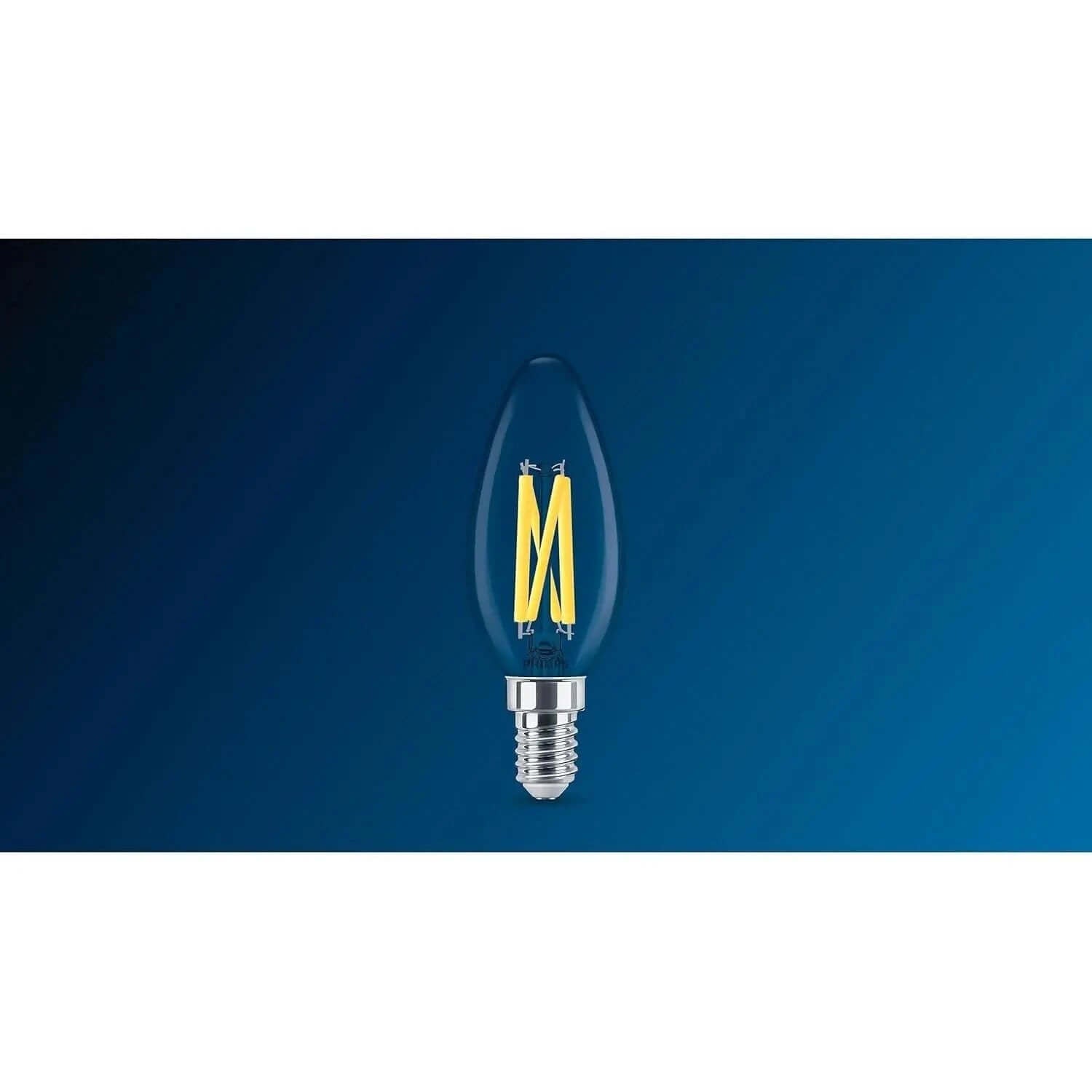 Philips MAS LEDCandle E14 bulb, 3.4W (40W eq), clear glass with warm-glow filament on blue background UAE