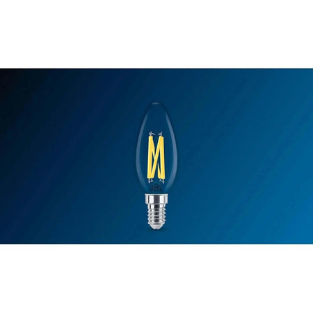 Philips MAS LEDCandle E14 bulb, 3.4W (40W eq), clear glass with warm-glow filament on blue background UAE
