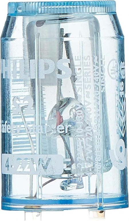 Philips Starter S2 4-22W 220-240V translucent blue starter, front view with visible label and internal contacts UAE