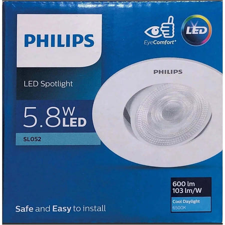 Philips LED Spotlight SL052 RD SPOT 070 on packaging box, 5.8W LED, 6500K cool daylight. UAE