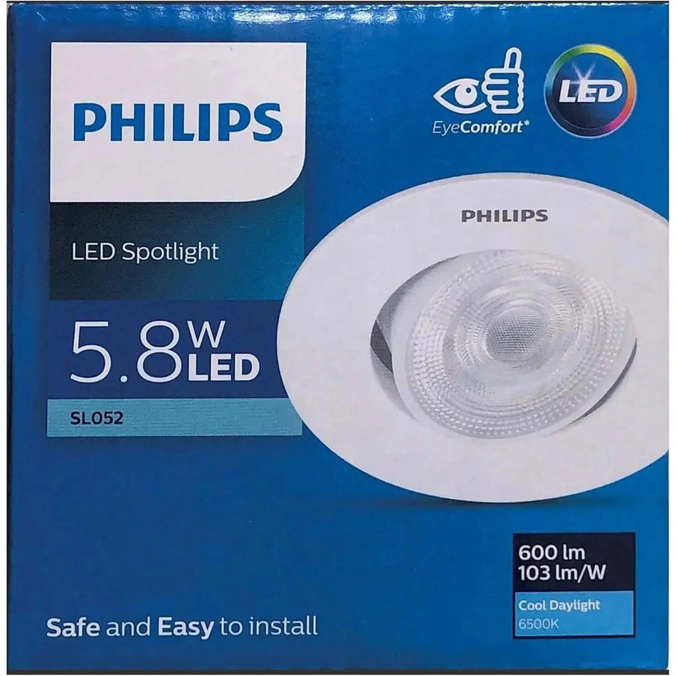 Philips LED Spotlight SL052 RD SPOT 070 on packaging box, 5.8W LED, 6500K cool daylight. UAE
