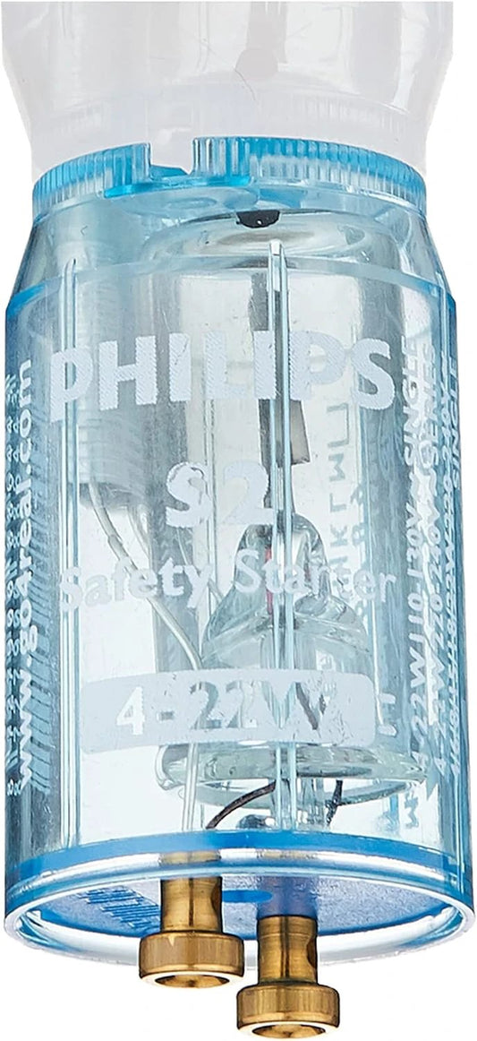 Philips S2 starter in blue transparent housing displaying 4-22W 220-240V label.