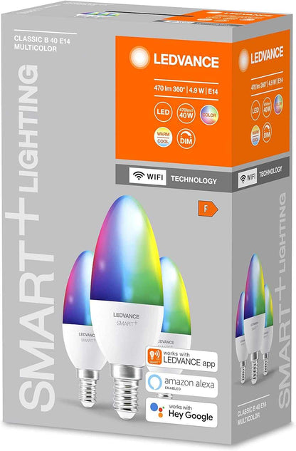 LEDVANCE Smart LEDLamp with WiFi Technology, Base: E14, Di mmable, Tunable White (2700-6500K), RGB Colors Changeable, Replaces Incandescent Lamps with 40 W, SMART+ WiFi Candle Multicolour, 1-Pack - Deluxe Electricals