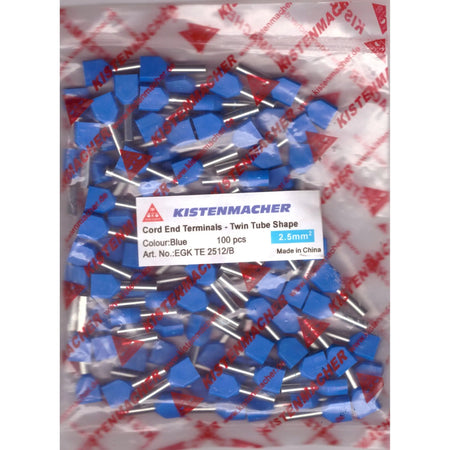 Kistenmacher cord end terminals, blue insulated twin-tube shape, 2.5 mm², 100 pcs in sealed bag. UAE