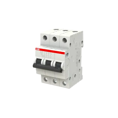 ABB SH203-C25 MCB, 3-pole 25A Type C 6kA, official ABB product photo, angled view