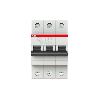 ABB SH203-C25 MCB, 3-pole 25A Type C 6kA, official ABB product photo, front view