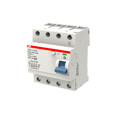 ABB ELCB/RCCB 100A 4P 300mA F204 blue test lever, front view. UAE