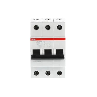 ABB SH203M-C32 MCB, 3-pole 32A Type C 10kA, official ABB product photo, front view