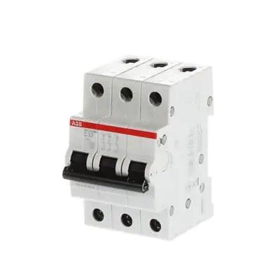 ABB SH203M-C32 MCB, 3-pole 32A Type C 10kA, official ABB product photo, angled view