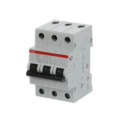 ABB SH203-C10 MCB, 3-pole 10A Type C 6kA, official ABB product photo, angled view