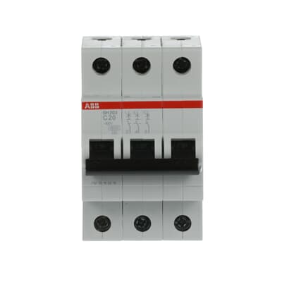 ABB SH203-C20 MCB, 3-pole 20A Type C 6kA, official ABB product photo, additional angle