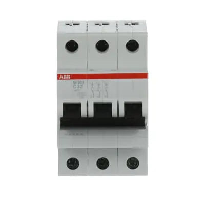 ABB SH203-C32 MCB, 3-pole 32A Type C 6kA, official ABB product photo, additional angle