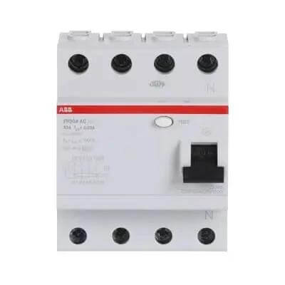 ABB FH204 RCCB AC-63/0.03, 63A 4-pole 30mA; white unit with red stripe and black toggle, front view UAE
