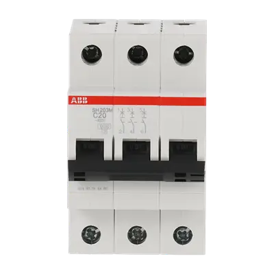 ABB SH203M-C20 MCB, 3-pole 20A Type C 10kA, official ABB product photo, front view
