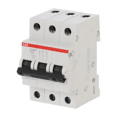 ABB SH203M-C20 MCB, 3-pole 20A Type C 10kA, official ABB product photo, angled view
