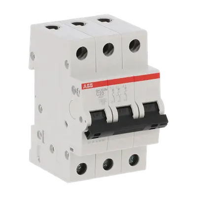 ABB SH203M-C20 MCB, 3-pole 20A Type C 10kA, official ABB product photo, side view