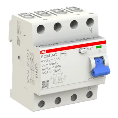 ABB F204 AC-40/0.1 RCCB 4-Pole 40A 100mA - official product photo, label detail