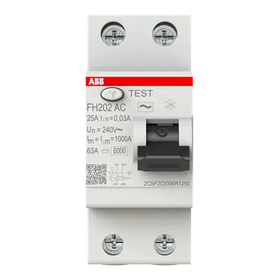 ABB FH202 RCCB, 2-pole 25A 30mA Type AC, official ABB product photo, front view