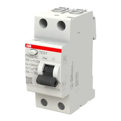 ABB FH202 RCCB, 2-pole 25A 30mA Type AC, official ABB product photo, angled view