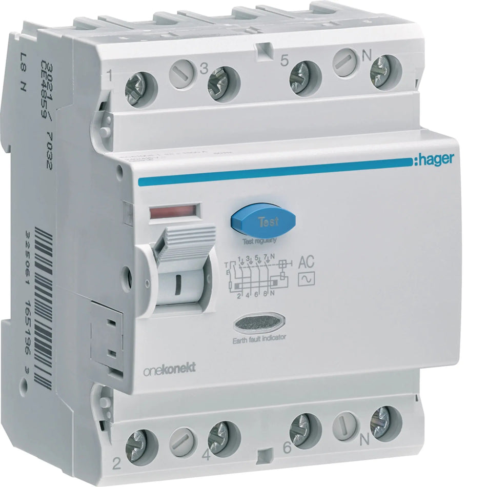 Hager CD485Z 4-pole 100A 30mA Type AC RCCB (ELCB) — official Hager product photo